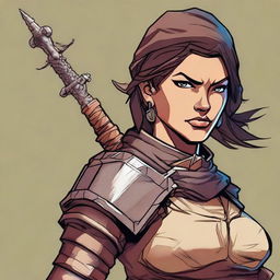 Generate a high quality image of a powerful female human who is dressed for desert warfare, in the art style of Dungeons and Dragons