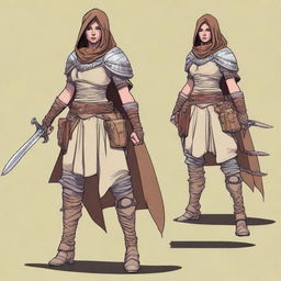 Generate a high quality image of a powerful female human who is dressed for desert warfare, in the art style of Dungeons and Dragons