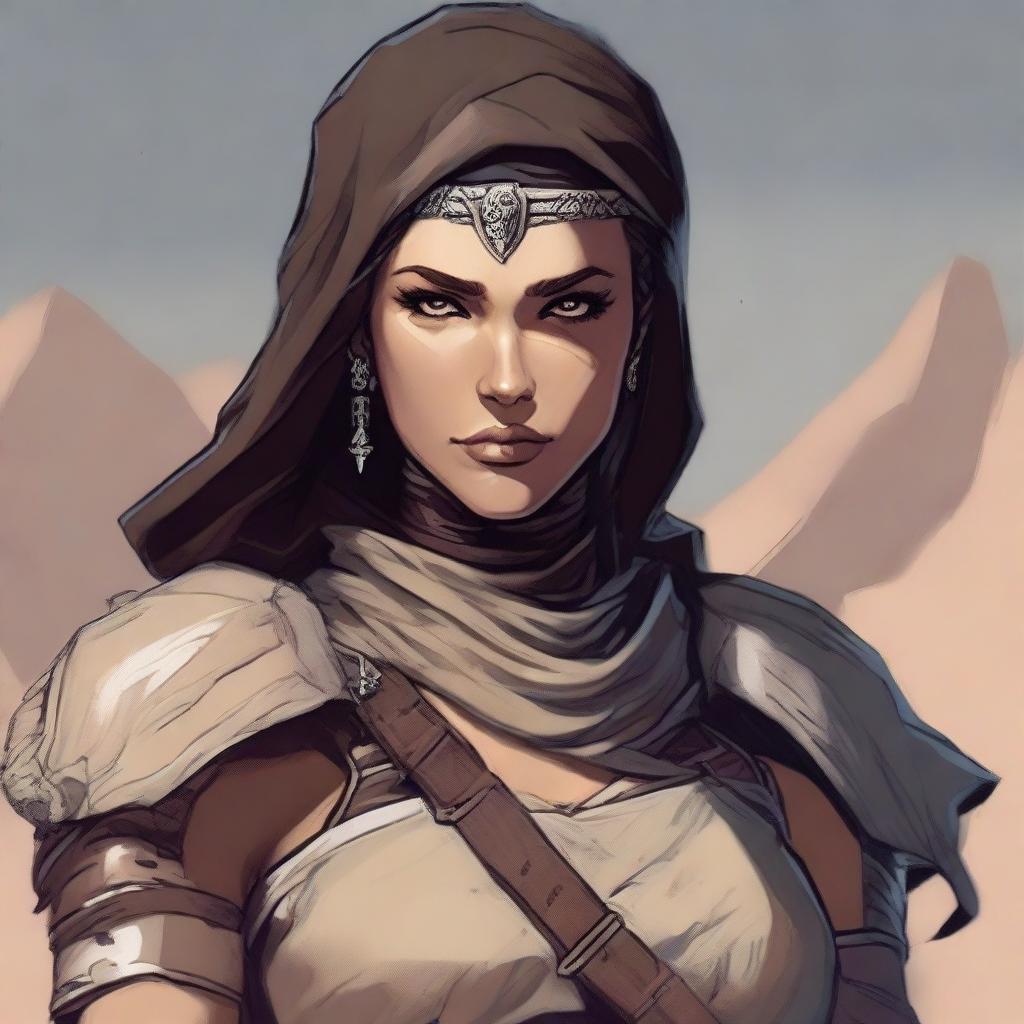 Generate a high quality image of a powerful female human who is dressed for desert warfare, with a large scar over one of her eyes, in the art style of Dungeons and Dragons