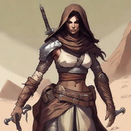 Generate a high quality image of a powerful female human who is dressed for desert warfare, with a large scar over one of her eyes, in the art style of Dungeons and Dragons