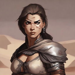 Generate a high quality image of a powerful female human who is dressed for desert warfare, with a large scar over one of her eyes, in the art style of Dungeons and Dragons