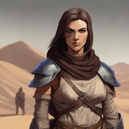 Generate a high quality image of a powerful female human who is dressed for desert warfare, with a large scar over one of her eyes, in the art style of Dungeons and Dragons