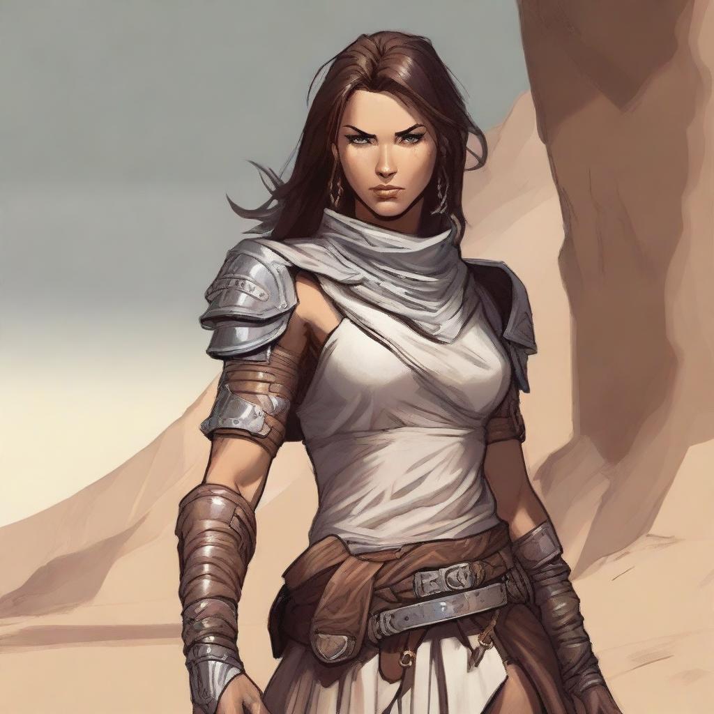 Generate a high quality image of a powerful female human dressed for desert warfare, in the art style of Dungeons and Dragons