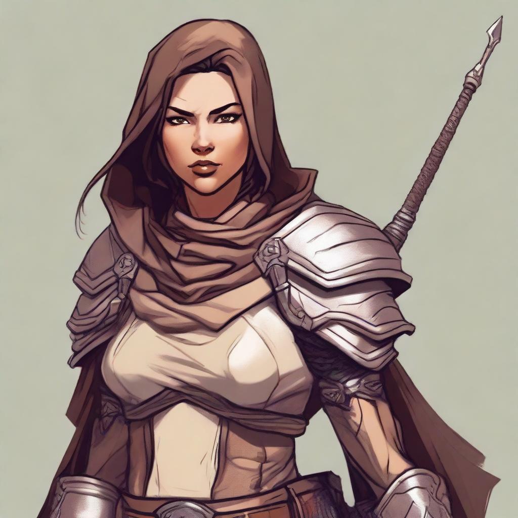 Generate a high quality image of a powerful female human dressed for desert warfare, in the art style of Dungeons and Dragons