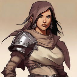 Generate a high quality image of a powerful female human dressed for desert warfare, in the art style of Dungeons and Dragons