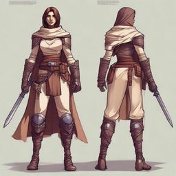 Generate a high quality image of a powerful female human dressed for desert warfare, in the art style of Dungeons and Dragons