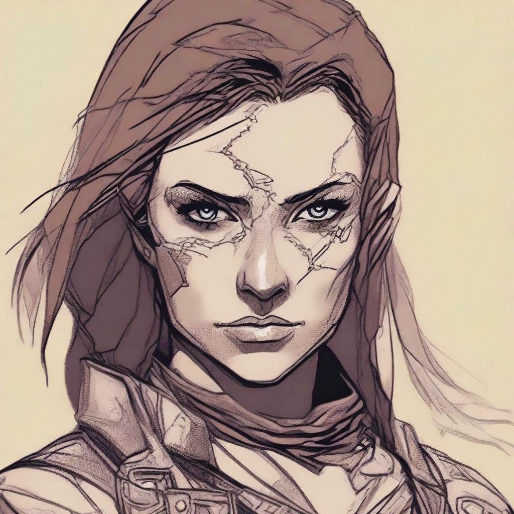 Generate a high quality image of a female human who is dressed for desert warfare, with a large scar over one of her eyes, in the art style of Dungeons and Dragons