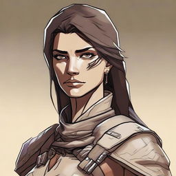 Generate a high quality image of a female human who is dressed for desert warfare, with a large scar over one of her eyes, in the art style of Dungeons and Dragons