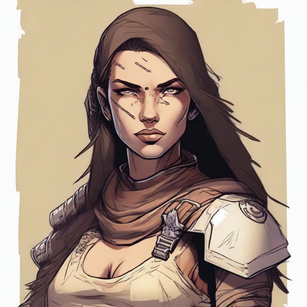 Generate a high quality image of a female human who is dressed for desert warfare, with a large scar over one of her eyes, in the art style of Dungeons and Dragons