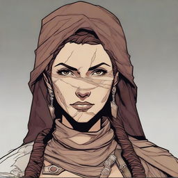 Generate a high quality image of a female human who is dressed for desert warfare, with a large scar over one of her eyes, in the art style of Dungeons and Dragons