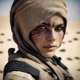 Generate a high quality image of a female human who is dressed for desert warfare, with a large scar over one of her eyes