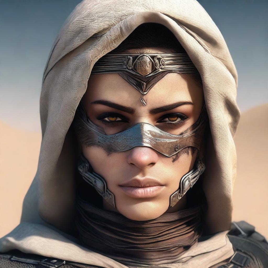 Generate a high quality image of a female human who is dressed for desert warfare, with a large scar over one of her eyes