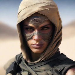 Generate a high quality image of a female human who is dressed for desert warfare, with a large scar over one of her eyes