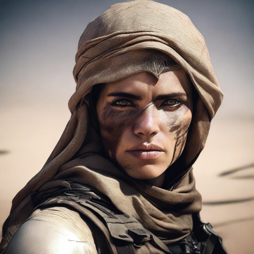 Generate a high quality image of a female human who is dressed for desert warfare, with a large scar over one of her eyes