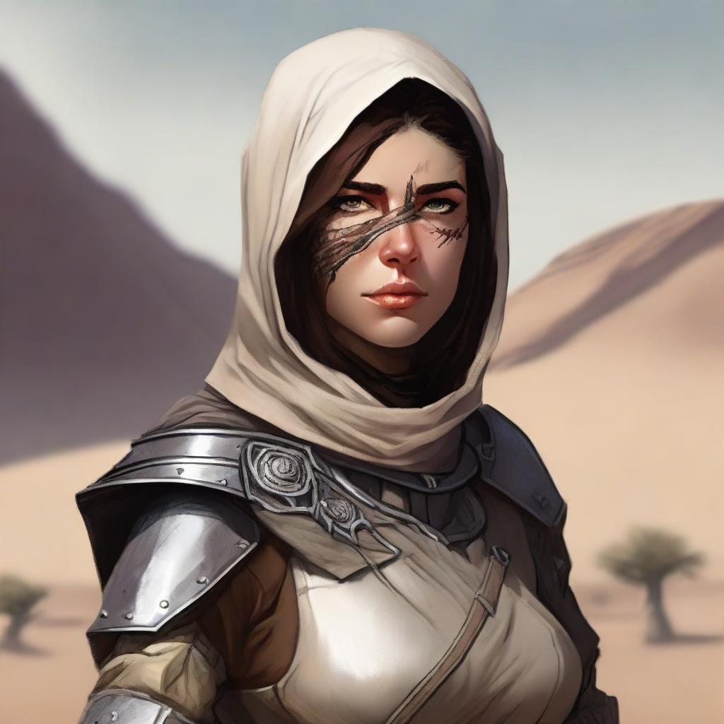 Generate a high quality image of a female human dressed for desert warfare, with a large scar over one of her eyes, in the style of Dungeons and Dragons