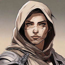 Generate a high quality image of a female human dressed for desert warfare, with a large scar over one of her eyes, in the style of Dungeons and Dragons