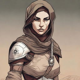 Generate a high quality image of a female human dressed for desert warfare, with a large scar over one of her eyes, in the style of Dungeons and Dragons