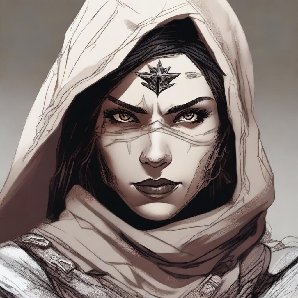 Generate a high quality image of a female human dressed for desert warfare, with a large scar over one of her eyes, in the style of Dungeons and Dragons