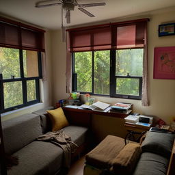 A 10x10 study room full of books belonging to a determined UPSC aspirant. The room contains a single mini bed, a comfortable sofa and a dedicated study table.