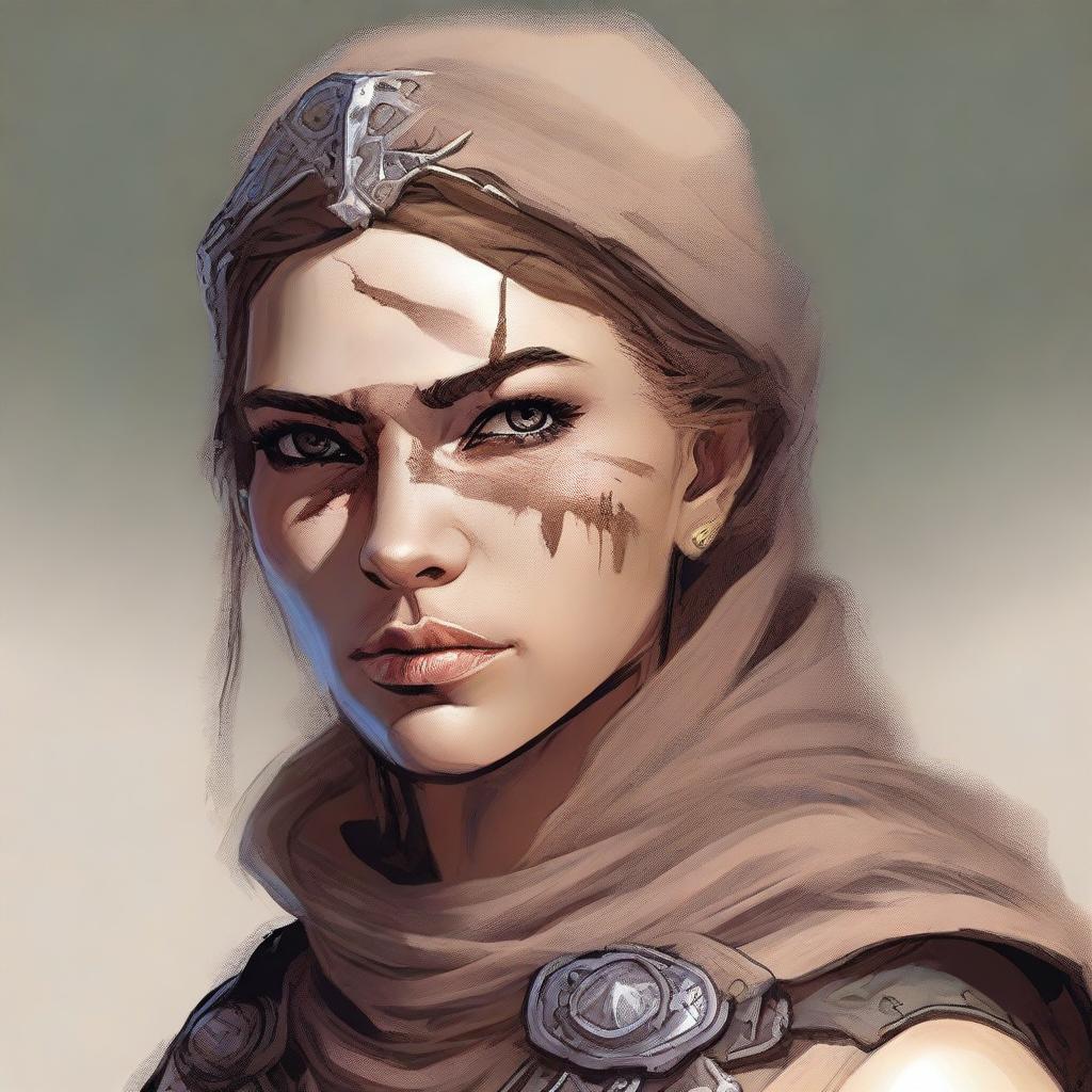 Generate a high quality image of a female human dressed for desert warfare, with a large scar over one of her eyes, in the style of Dungeons and Dragons