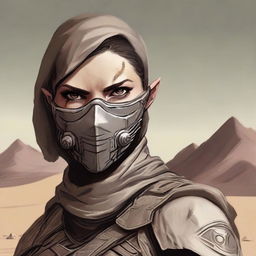 Generate a high quality image of a female human dressed for desert warfare, with a large scar over one of her eyes, in the style of Dungeons and Dragons