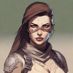 Generate a high quality image of a female human dressed for desert warfare, with a large scar over one of her eyes, in the style of Dungeons and Dragons