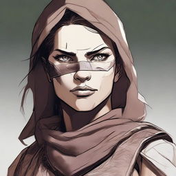 Generate a high quality image of a female human dressed for desert warfare, with a large scar over one of her eyes, in the style of Dungeons and Dragons