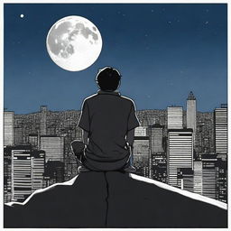 A 16 year old boy sitting on the edge of a tall building, looking at the moon