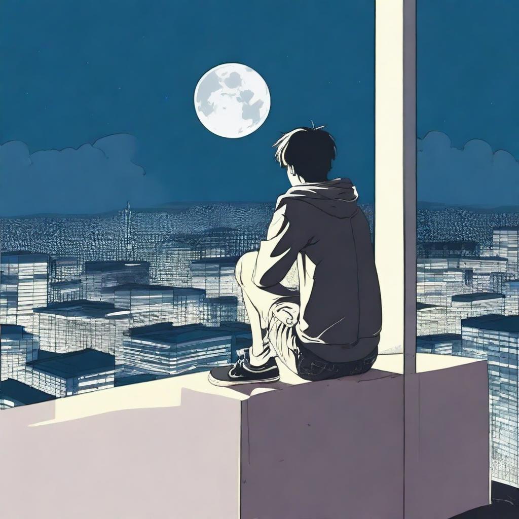 A 16 year old boy sitting on the edge of a tall building, looking at the moon