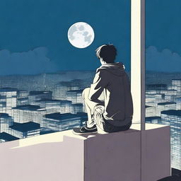 A 16 year old boy sitting on the edge of a tall building, looking at the moon