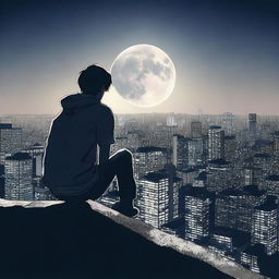 A 16 year old boy sitting on the edge of a tall building, looking at the moon