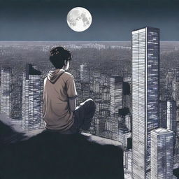 A 16 year old boy sitting on the edge of a tall building, looking at the moon