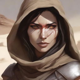 Create a high quality image of a female human, dressed for desert warfare, and sporting a large scar over one of her eyes