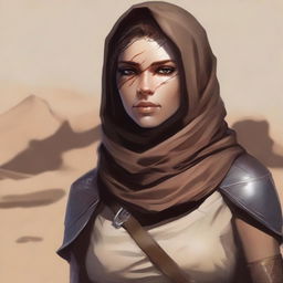 Create a high quality image of a female human, dressed for desert warfare, and sporting a large scar over one of her eyes