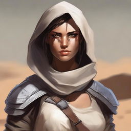 Create a high quality image of a female human, dressed for desert warfare, and sporting a large scar over one of her eyes