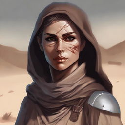 Create a high quality image of a female human, dressed for desert warfare, and sporting a large scar over one of her eyes