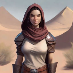 Generate a high quality image of a female human who is dressed appropriately for the desert environment