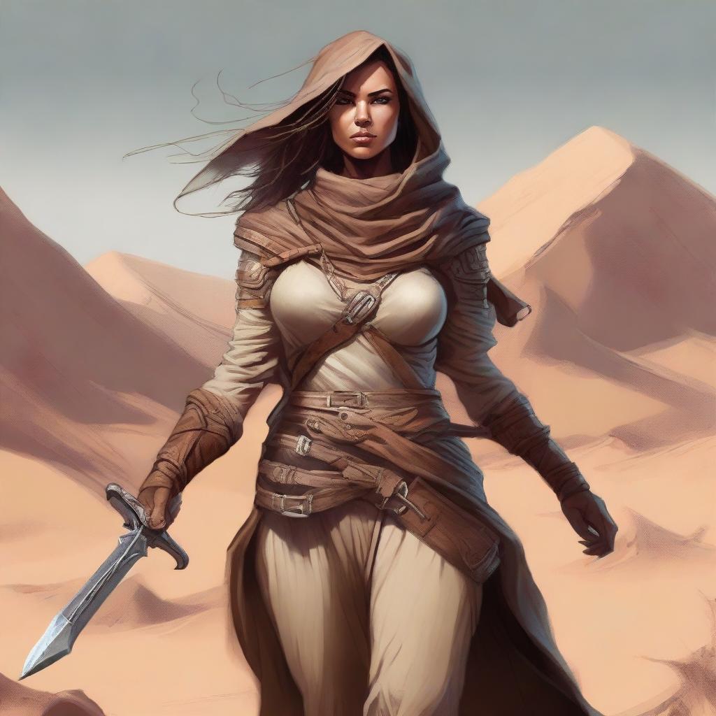 Create a high-quality image of a powerful female human dressed for the desert, with noticeable facial scarring