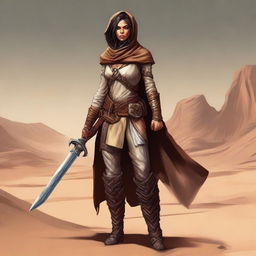 Create a high-quality image of a powerful female human dressed for the desert, with noticeable facial scarring