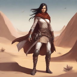 Create a high-quality image of a powerful female human dressed for the desert, with noticeable facial scarring