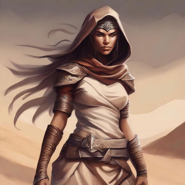 Create a high-quality image of a powerful female human dressed for the desert, with noticeable facial scarring