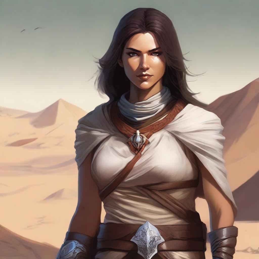 Create a high-quality image of a powerful female human dressed for the desert, with a noticeable scar on her face