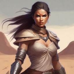 Create a high-quality image of a powerful female human dressed for the desert, with a noticeable scar on her face