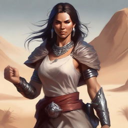 Create a high-quality image of a powerful female human dressed for the desert, with a noticeable scar on her face