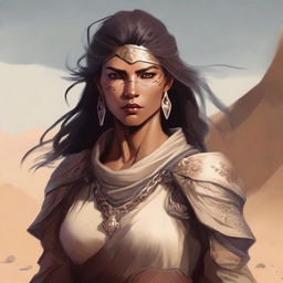 Create a high-quality image of a powerful female human dressed for the desert, with a noticeable scar on her face