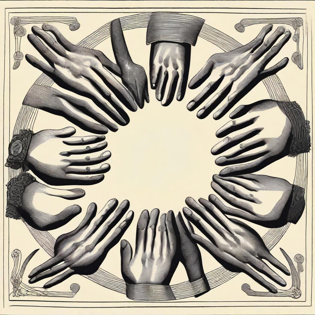 Generate an image of seven hands, each belonging to a king, arranged in a circle on a table