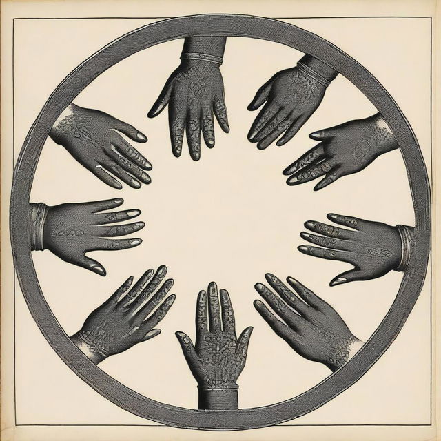 Generate an image of seven hands, each belonging to a king, arranged in a circle on a table