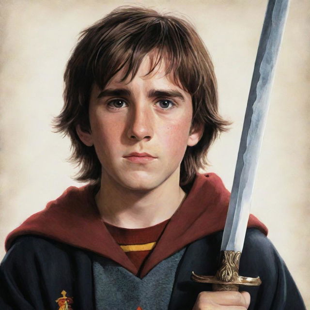 A portrait of Neville Longbottom, a character from the Harry Potter series, depicted as a brave young wizard with a round face, shaggy brown hair, and clutching the Sword of Gryffindor.