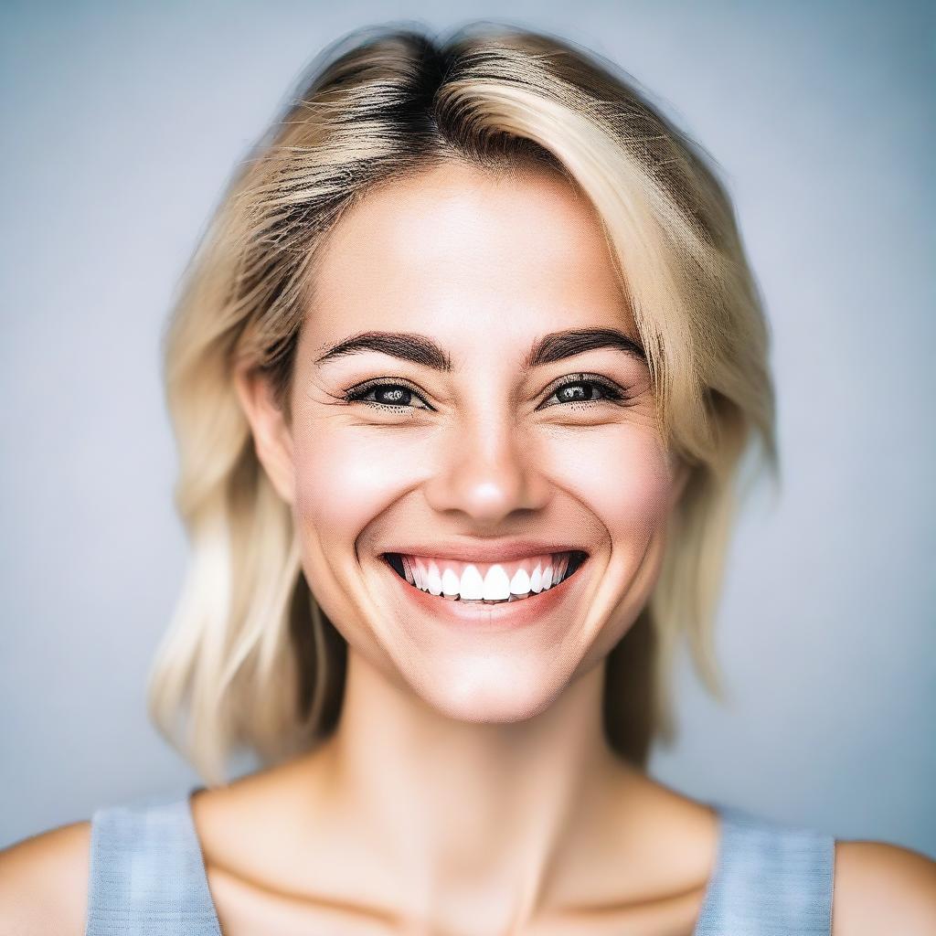 Generate an image of a person with unconventional features, showcasing a broad, genuine smile