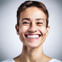 Generate an image of a person with unconventional features, showcasing a broad, genuine smile